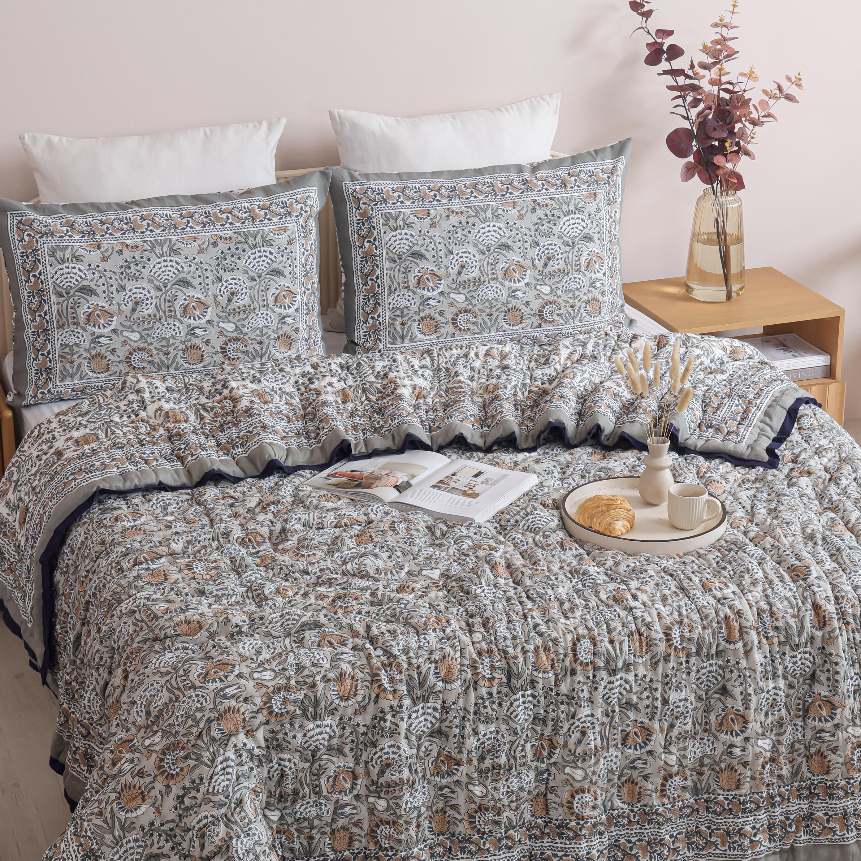 Slate Gray Botanical Paisley Hand Block Printed Cotton Quilt