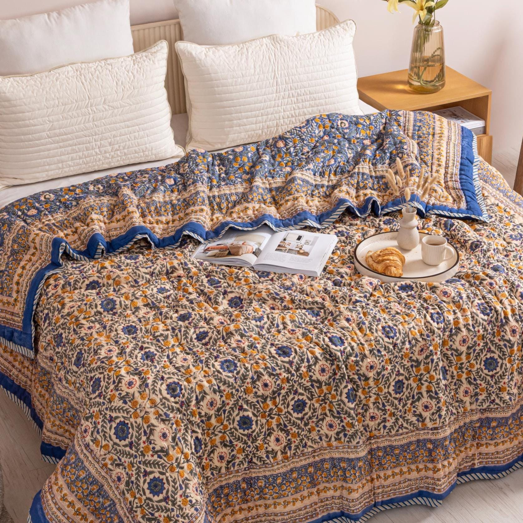 Indigo Blue and Marigold Floral Vine Hand Block Printed Cotton Quilt