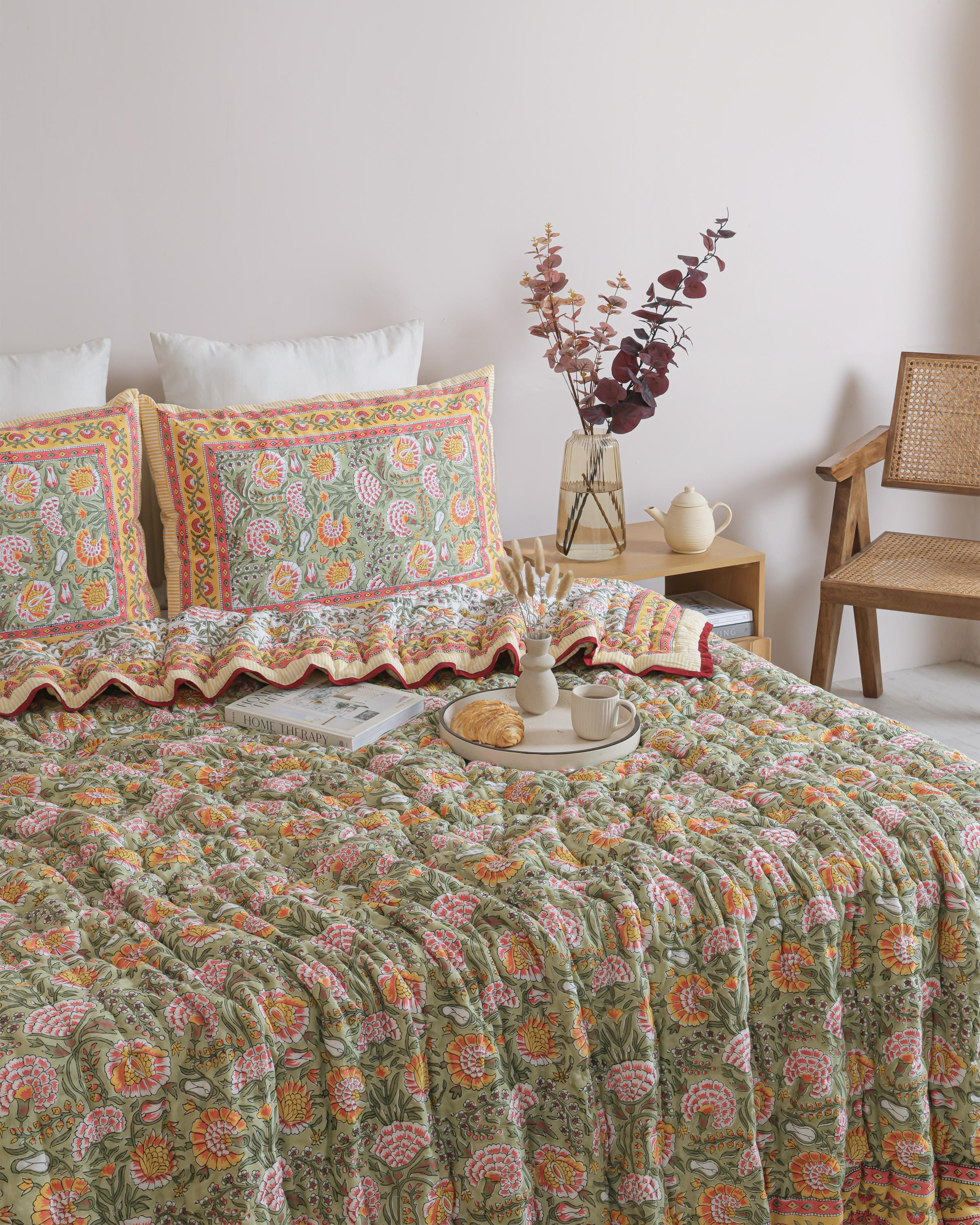 Sage Green Paisley Garden Hand Block Printed Cotton Quilt
