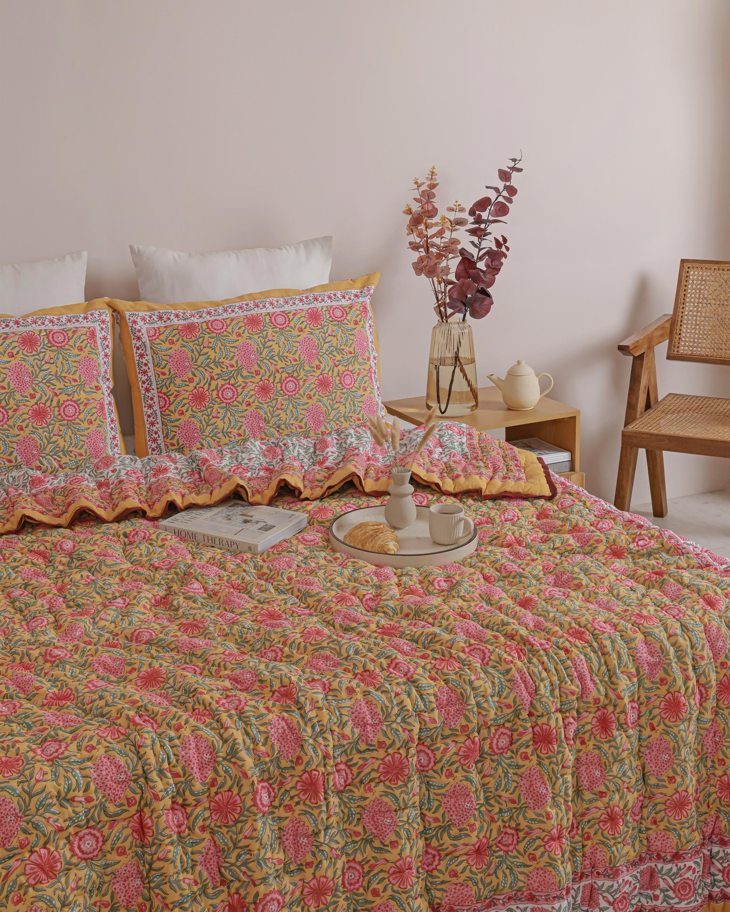 Fuchsia Pink Floral Garden Hand Block Printed Cotton Quilt