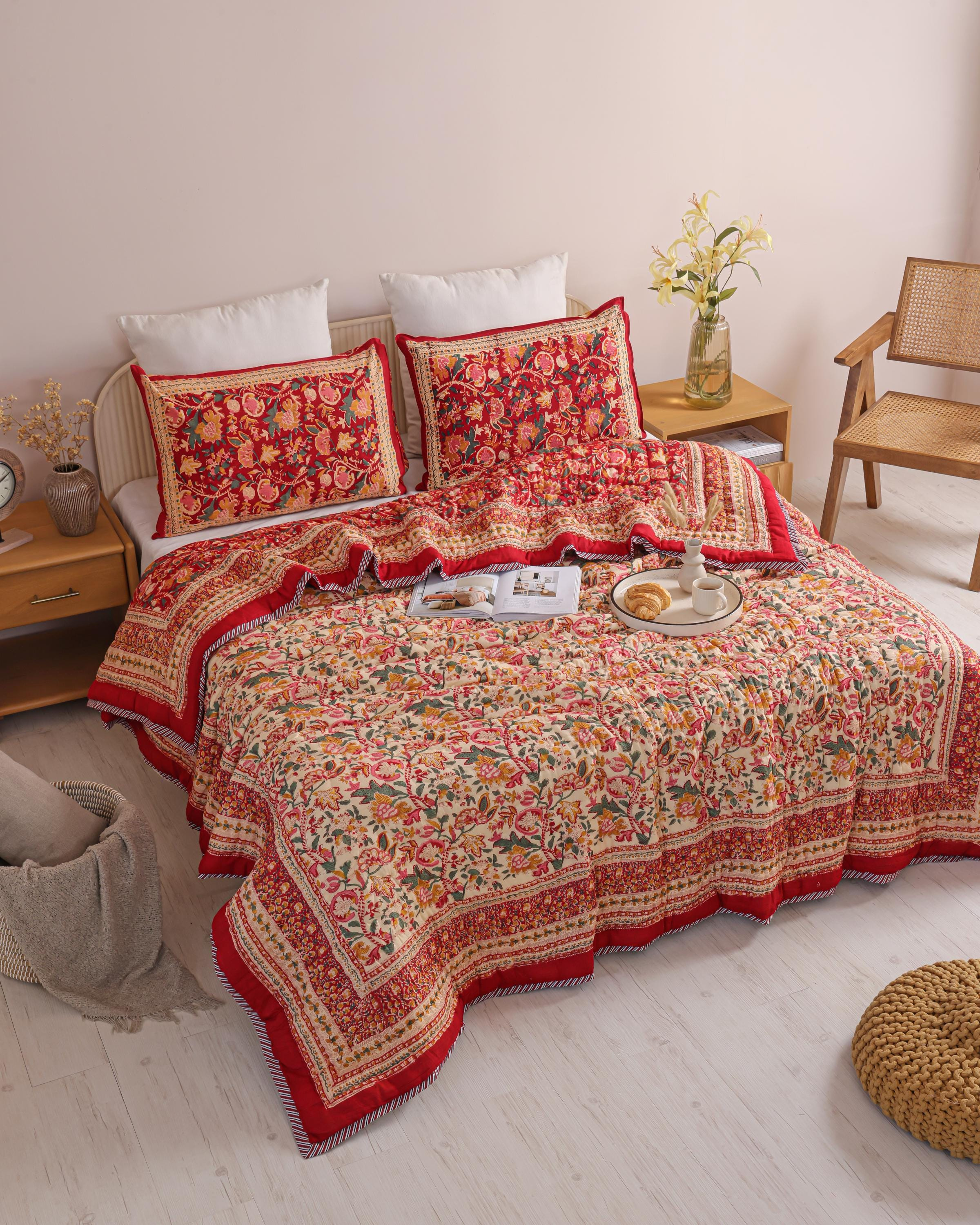 Ruby Red Floral Garden Hand Block Printed Cotton Quilt