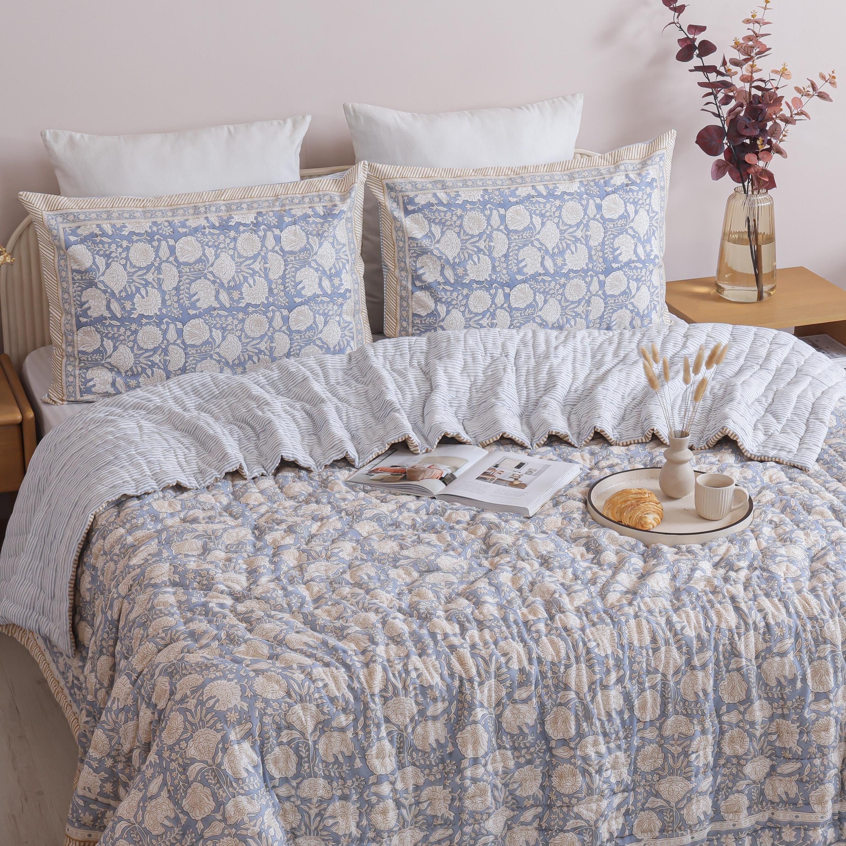owder Blue Floral Garden Hand Block Printed Cotton Quilt
