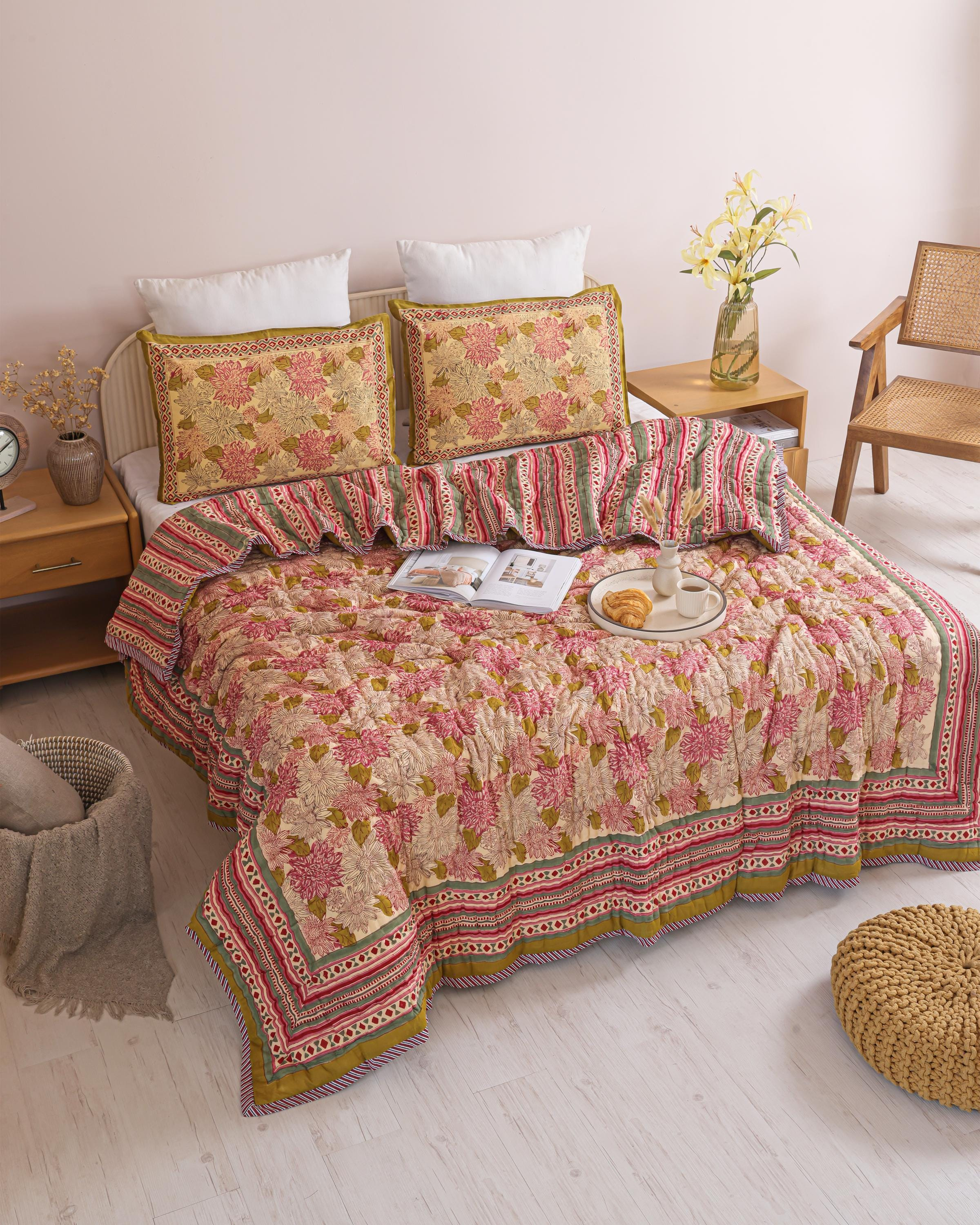 Blush Pink Hydrangea Garden Hand Block Printed Cotton Quilt