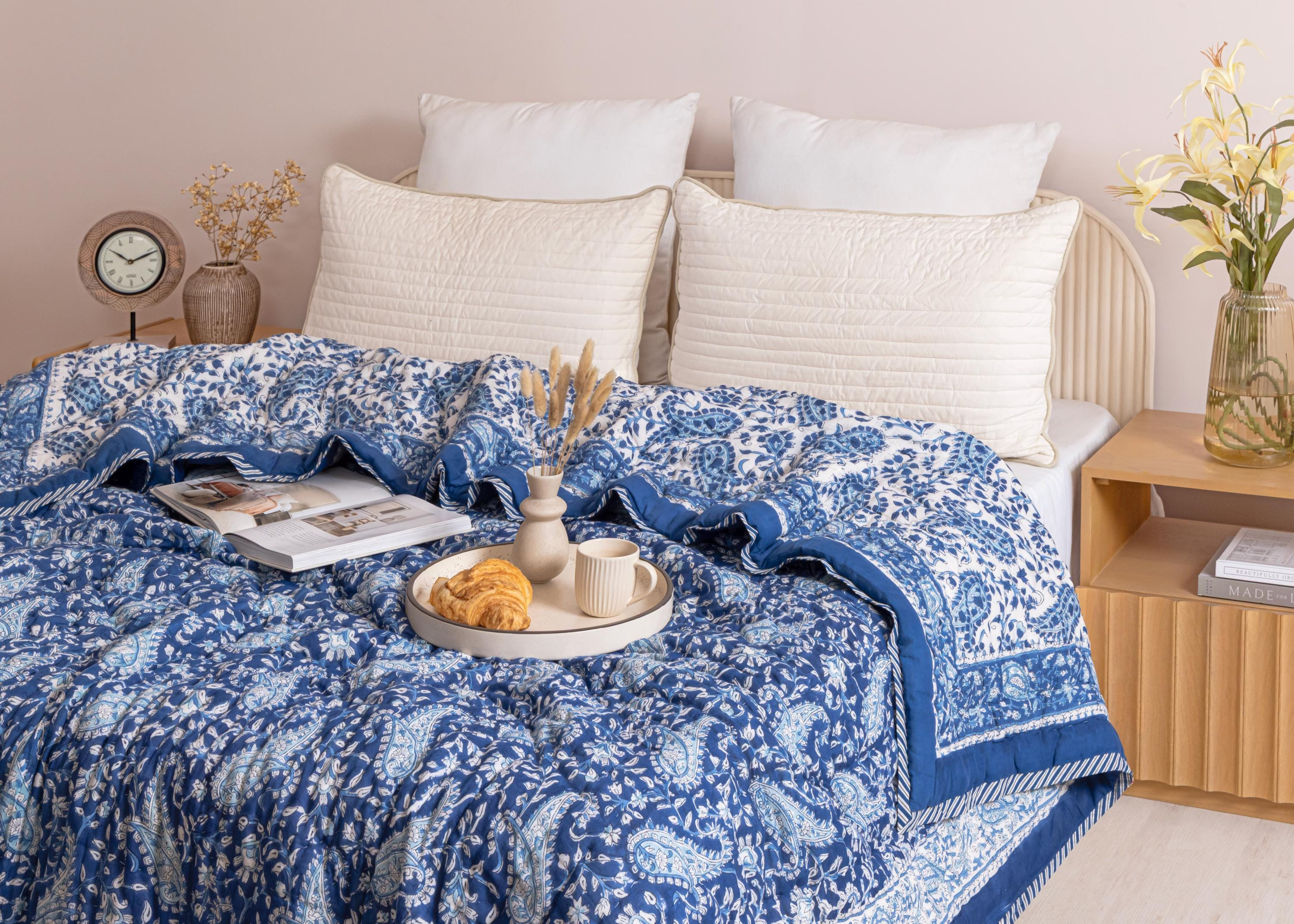 Indigo Blue Paisley Garden Hand Block Printed Cotton Quilt
