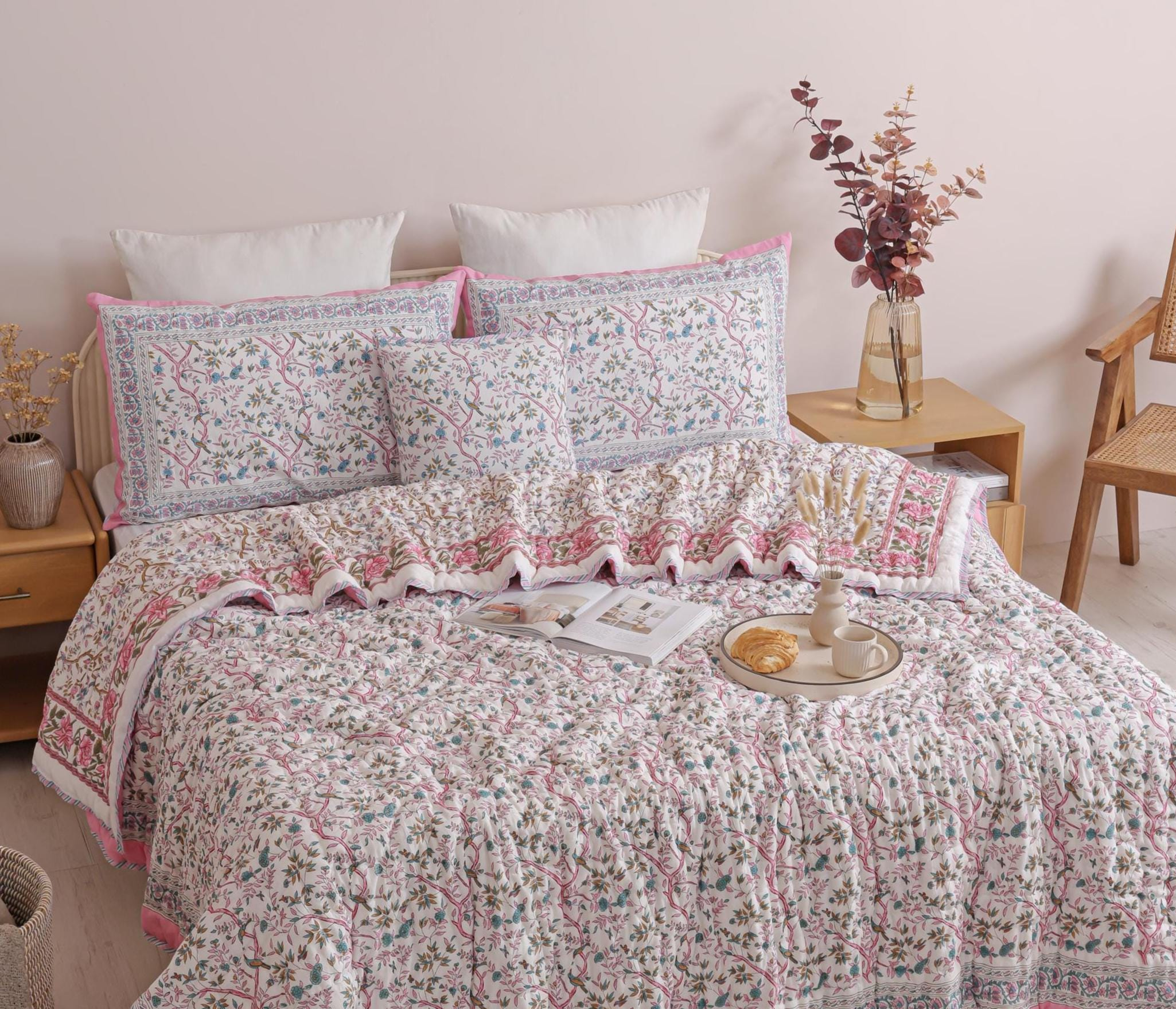 Blush Pink Wildflower Vine Hand Block Printed Cotton Quilt