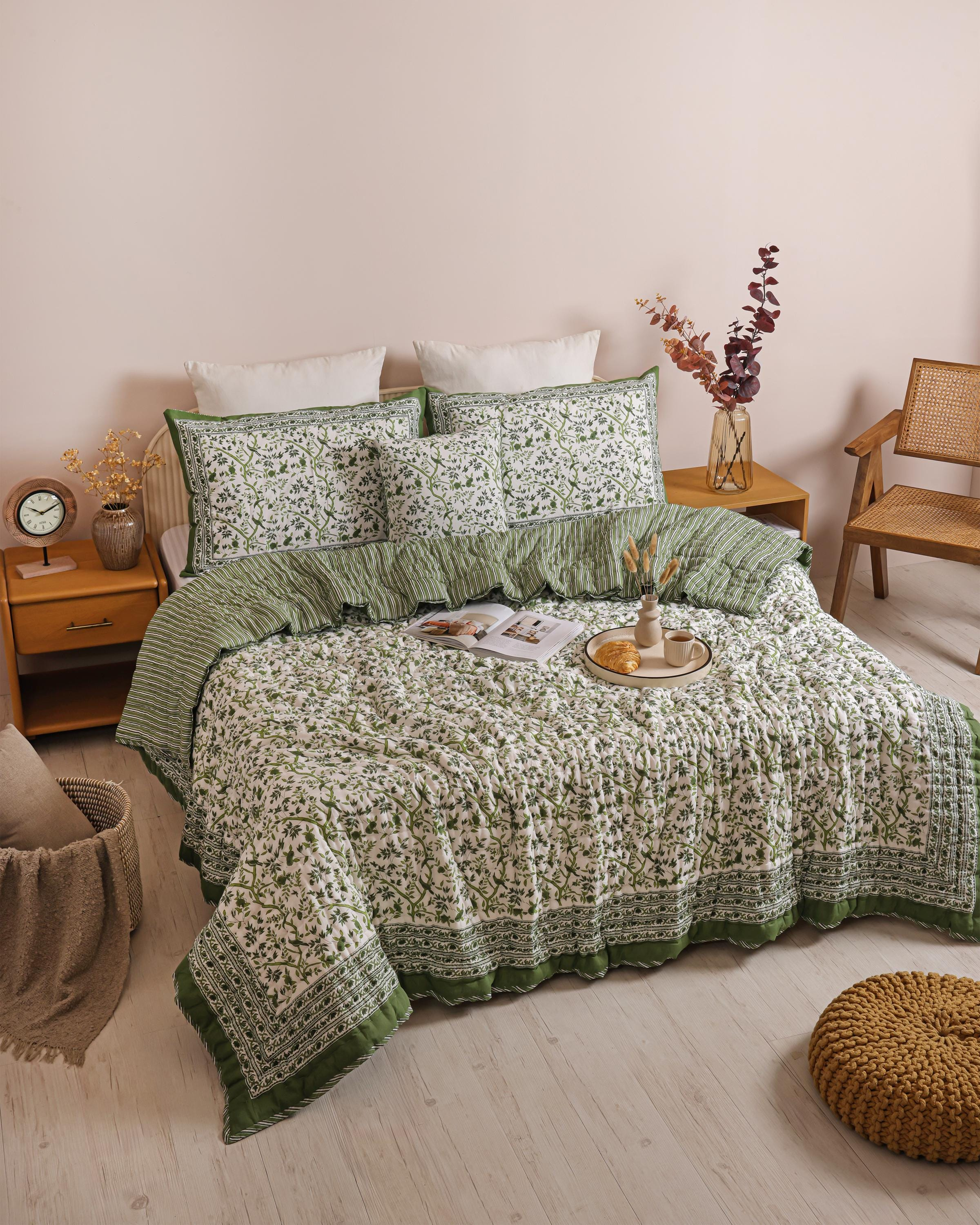 Olive Green Botanical Vine Hand Block Printed Cotton Quilt